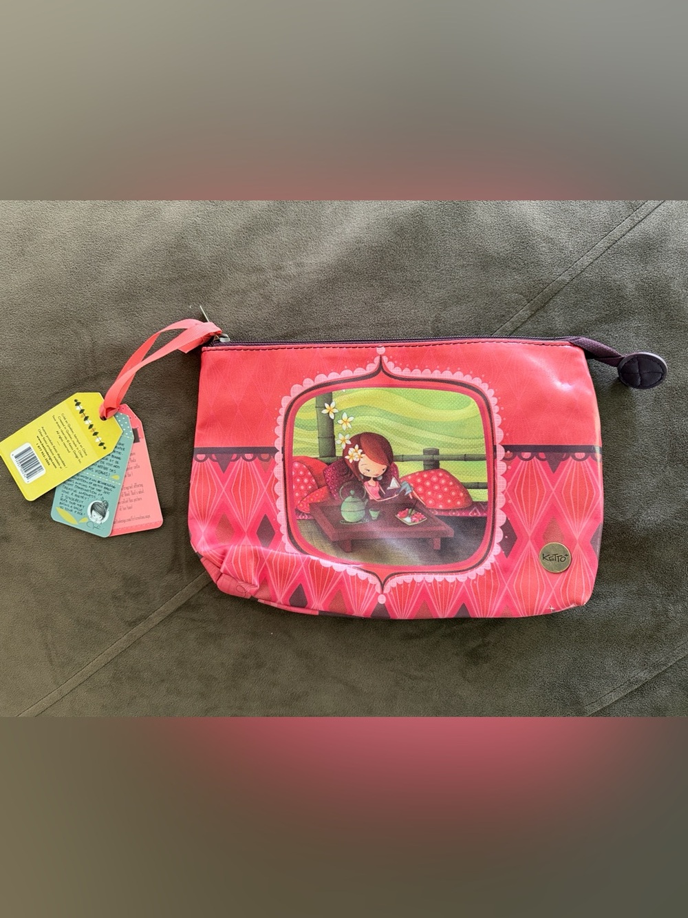 Ketto Pink Red Patterned Cosmetic Pouch with Illustrated Girl